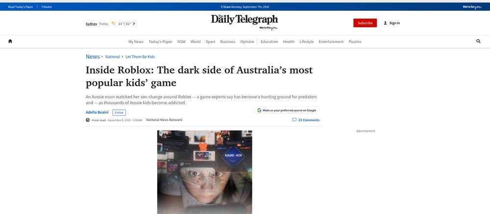The Daily Telegraph article: Inside Roblox: the dark side of Australia's most popular kids' game